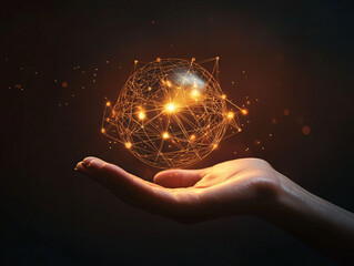 Hand Holding Glowing Sphere of Light with Network Connections