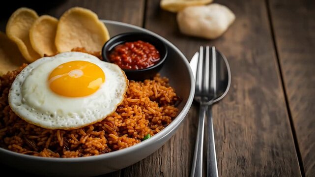 Close-up of Delicious Indonesian Fried Rice with Fried Egg and Crackers