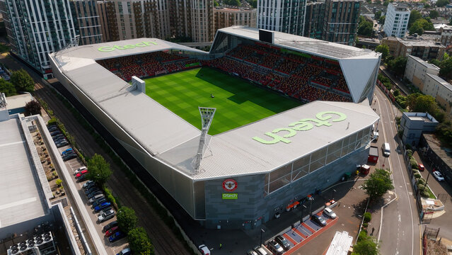 LONDON, UK - AUGUST 5, 2025 - Brentford Community Stadium, sponsored by Gtech, hosting a football match, seen from above