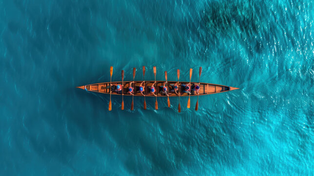Aerial view of rowing team in long boat gliding through clear turquoise water, showcasing teamwork and athleticism in serene environment