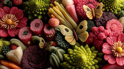 Vibrant food art delights with colorful vegetables and sweet butterflies