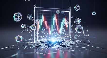 Futuristic stock market financial crash concept with shattered glass and geometric shapes