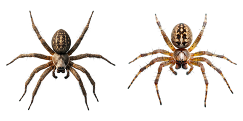 Two spiders are shown side by side, one is brown and the other is tan