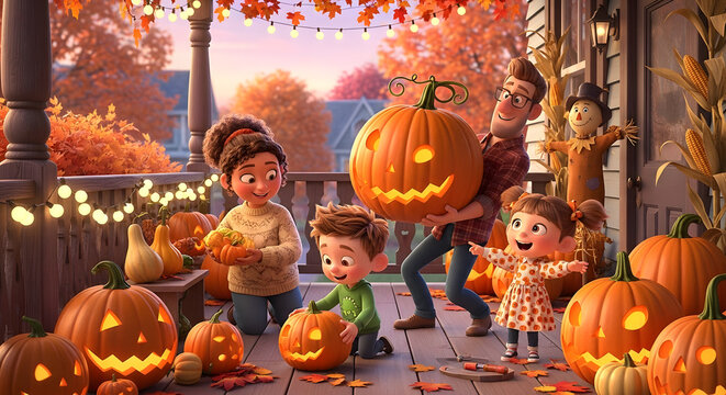 Captivating autumn scene unfolds as a family engages in joyful Halloween preparations on their porch amidst colorful foliage and glowing pumpkins creating a warm festive ambiance