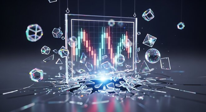 Futuristic stock market financial crash concept with shattered glass and geometric shapes