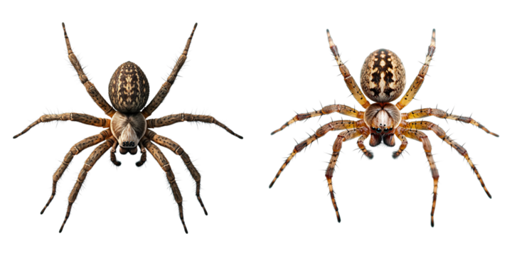 Two spiders are shown side by side, one is brown and the other is tan