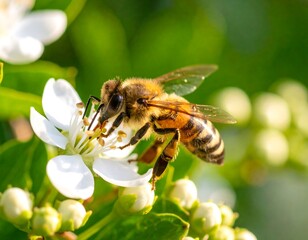 A detailed image of a bee gathering pollen from a delicate white flower blossom