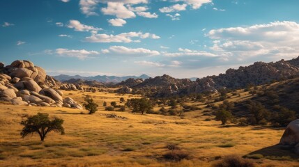 Naklejka premium dramatic desert landscape, dry river bed, rocky hills and cliffs, blue cloudy sky, sparse vegetation, warm desert tones, cinematic lighting, epic scenery, grandiose landscape 