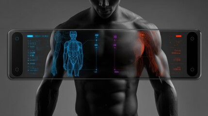 Advanced Human Body Scanning Technology Displays Detailed Anatomy and Biometric Data in a Dark Environment During a Futuristic Health Evaluation