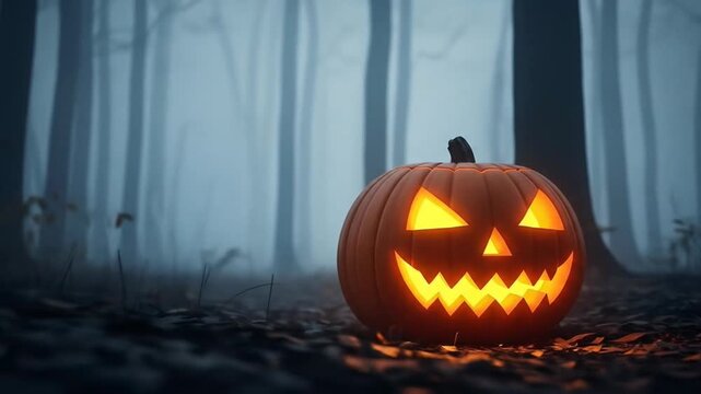 Eerie Jack-o'-Lantern Glows in Misty Forest, Capturing Halloween's Spooky Atmosphere - Powered by Adobe