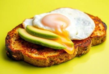 Golden-brown toast topped with creamy avocado and a perfectly fried egg,  food,  brunch