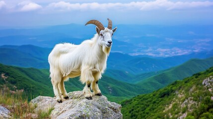 Majestic mountain goat standing proudly on a rocky peak overlooking a vast landscape