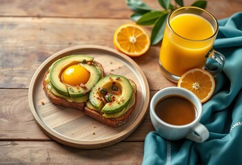 Avocado toast, coffee, orange juice on wooden table Minimalist healthy breakfast flatlay Natural light,   homemade,  clean eating