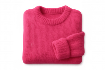 Soft pink sweater neatly folded, revealing delicate knit texture and pastel hue, floating against transparent backdrop for fashion design