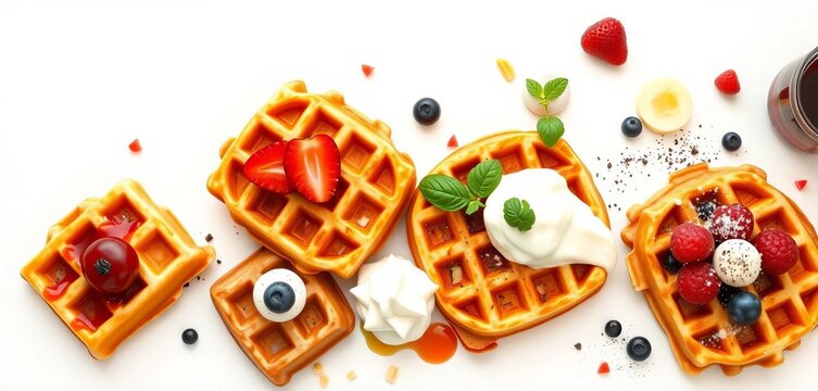 Golden-brown Belgian waffles, various toppings arranged artistically on white background,  powdered sugar,  whipped cream - Powered by Adobe