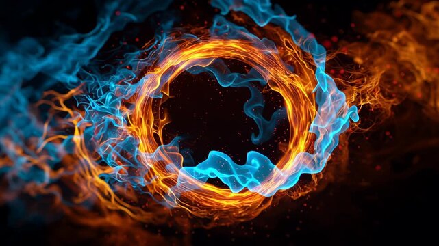 Blue fire smoke effect in vortex motion concept. A circular blend of blue and orange flames creates a dynamic visual display.