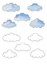 Set of Watercolor and Outline Cloud Illustrations, Soft Blue Sky Elements for Kids' Designs, Weather Graphics, and Creative Projects with a Light, Airy Feel