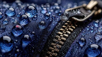 Water droplets on a dark blue, waterproof fabric with a zipper