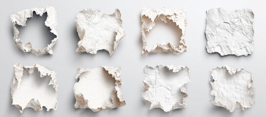 Torn paper shapes, light gray background