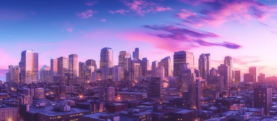 Fototapeta premium cityscape, urban skyline, high-rise buildings, skyscrapers, modern architecture, vibrant sunset colors, dramatic sky, tilt-shift lens effect, cinematic lighting, hyper-detailed, photorealistic 