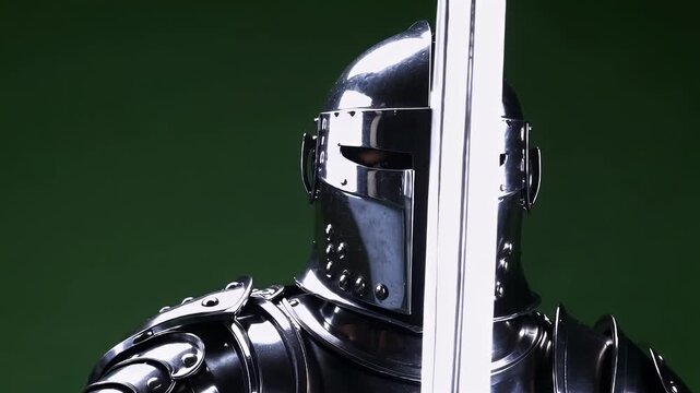 Shiny knight in armor holding sword against green background with ai generated