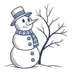 Cheerful snowman wearing hat and scarf beside bare tree