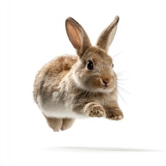 Obraz premium Brown rabbit in mid-air jump, white background