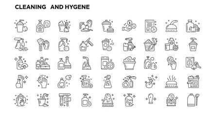 A comprehensive set of black and white line art icons for cleaning and hygiene services products and sanitation concepts.