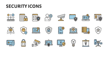 A comprehensive set of modern security and cybersecurity icons featuring line art with color fills for data protection and surveillance concepts.