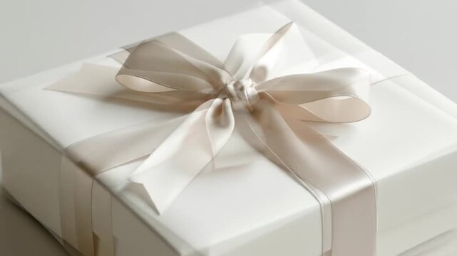 Elegant White Gift Box with Cream Ribbon for Celebration Holiday Event Anniversary and Birthday on a Plain Background