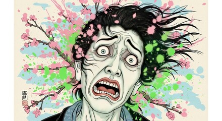 Terrifying face illustration with cherry blossoms and paint splatter.
