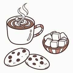Hot cocoa with cookies and sugar cubes chocolate steam
