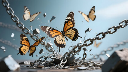 Butterflies Emerging from Broken Chains, Freedom and Transformation Concept