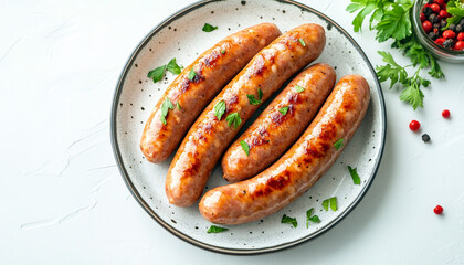 pork sausages on a plate light background
