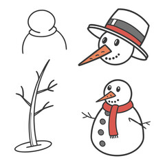 Snowman parts with carrot nose and stick arms vector