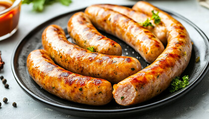 pork sausages on a plate light background