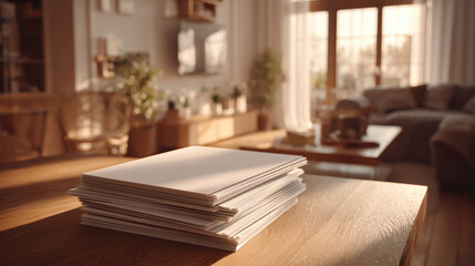 A cozy and warm product shot of a stack of blank menus, sitting on a table in a home setting. 