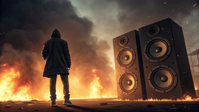 Speakers surrounded by blazing fire concept. A figure stands before towering speakers amidst flames and smoke.