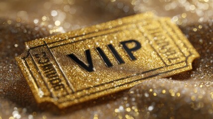 Golden VIP ticket resting on a sparkling surface with glittery texture in a bright setting