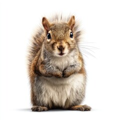 Fototapeta premium Close-up of a squirrel, centered against white background. Fluffy tail, paws held together, alert expression