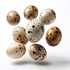 Obraz premium Speckled eggs levitate against white background