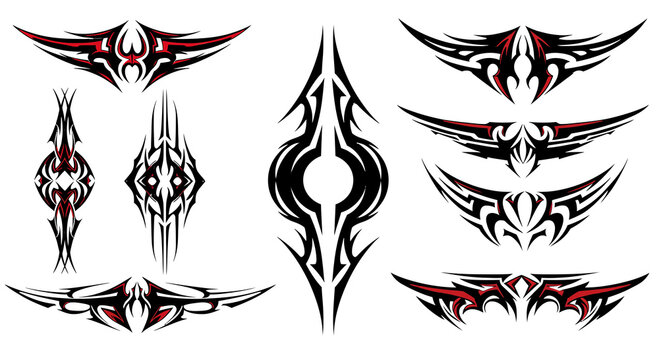 Aggressive black and red tribal tattoo vector set with sharp symmetrical and abstract patterns.