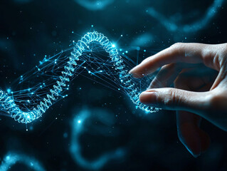 Human Hand Touching Digital DNA Strand in Blue Glow Background