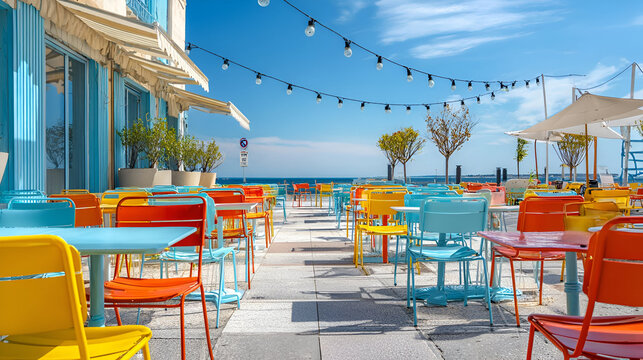 Brightly Colored Outdoor Cafe by the Sea