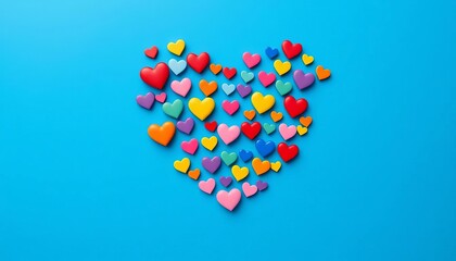 Multicolored heart icons forming a large heart on a blue background, representing diversity and inclusion,  colorful,  age