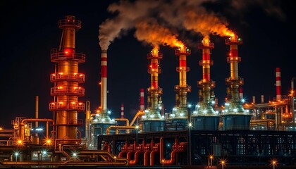 Fototapeta premium Night refinery; glowing lanterns illuminate four delayed coking units, bright lights, vessels