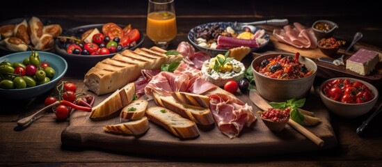 Fototapeta premium wooden_table,food_platter,roasted_chicken,grilled_meat,fresh_vegetables,salads,bread,condiments,beer_glass,low_lighting,wooden_background 
