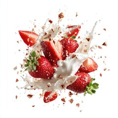 Fresh strawberries and milk splash with nuts