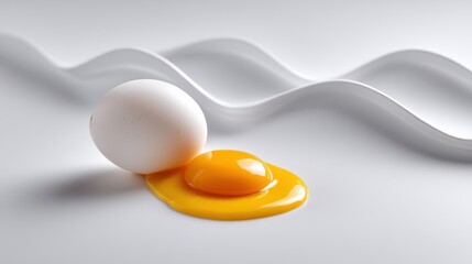 A fresh white egg next to a vibrant yolk on a smooth, wavy surface.