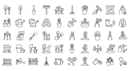 Gardening equipment and horticulture elements icon set in a clean outline style.